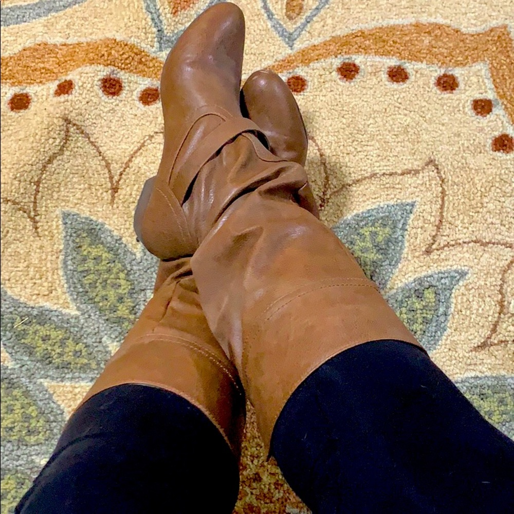 Below the knee brown short heel boots